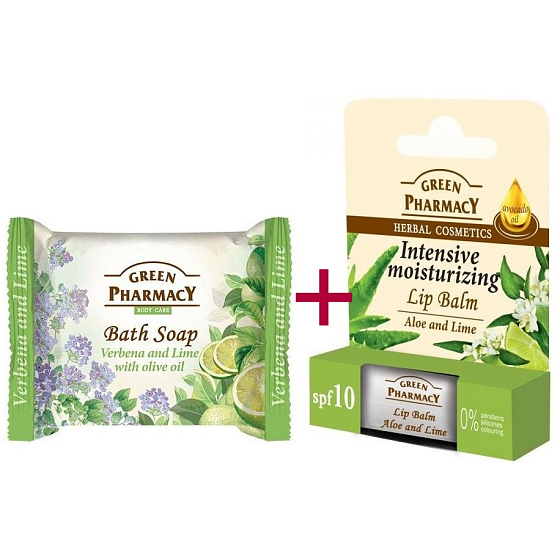 Green Pharmacy Aloe Vera and Lime lip balm 2 x 3,6 g + Verbena and Lime with olive oil toilet soap 100 g, cosmetic set