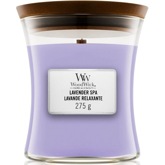 WoodWick Lavender Spa - Lavender Bath scented candle with wooden wick and lid glass medium 275 g