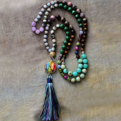 108 Mala 7 chakra necklace, NOC meditation jewelry, natural stone, elastic, tassel 8 cm, bead 6+8 mm