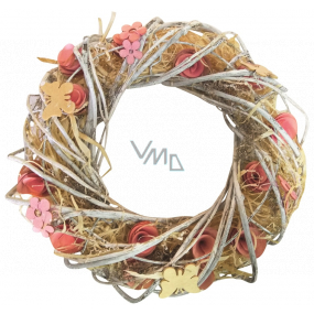 Wreath interwoven with pink-orange flowers 34 cm