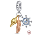 Charm Sterling Silver 925 Protective Amulet, Anchor, Feather, Shell 3-in-1, Sea Bracelet Pendant
