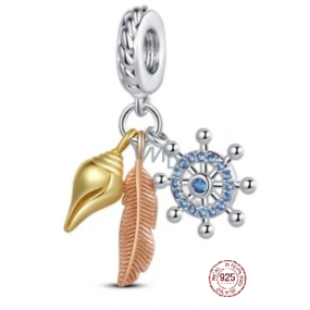 Charm Sterling Silver 925 Protective Amulet, Anchor, Feather, Shell 3-in-1, Sea Bracelet Pendant
