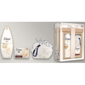 Dove Silk Glow nourishing shower gel 250 ml + Silk Cream Oil cream tablet 100 g + sponge for washing, cosmetic set