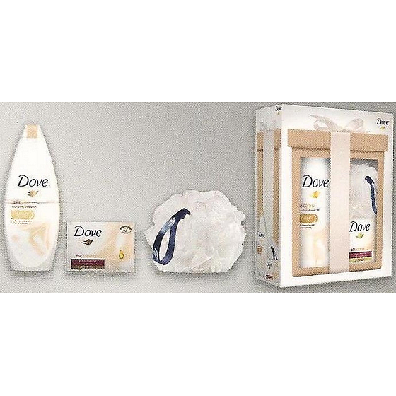 Dove Silk Glow nourishing shower gel 250 ml + Silk Cream Oil cream tablet 100 g + sponge for washing, cosmetic set