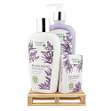 Bohemia Gifts Botanica Lavender liquid soap 300 ml + body lotion 250 ml + solid soap 100 g, wooden pallet cosmetic set
