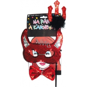 Devil mask with horns, pitchfork, bow tie set