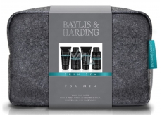 Baylis & Harding Jantar and Santal wood liquid soap for body and hair 100 ml + facial cleansing gel 100 ml + after shave balm 50 ml + shower gel 50 ml + larger gray toilet bag cosmetic set for men