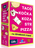 Albi Taco, cat, goat, cheese, pizza on the reverse side of a card game recommended age 8+