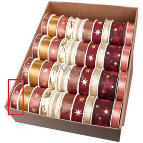 Ditipo Fabric Christmas ribbon with wire Red-copper with gold stars 4 m x 15 mm