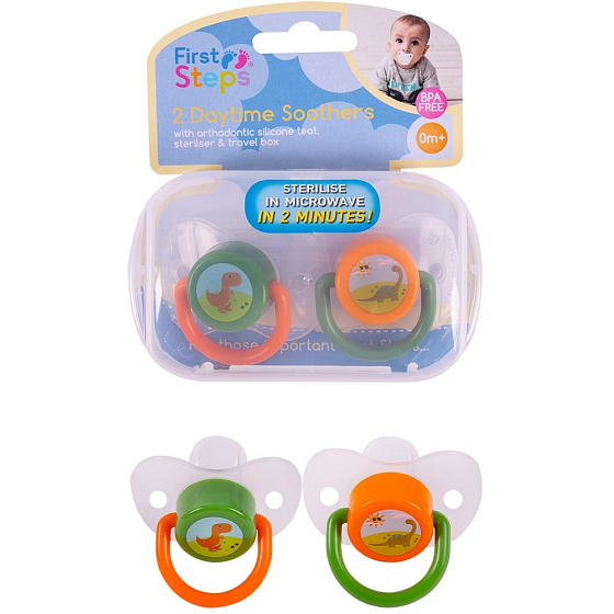 First Steps Daytime Orthodontic Pacifier in Green-Orange Box, 2 Pieces