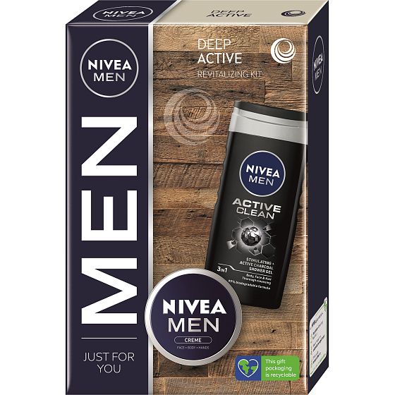 Nivea Men Deep Active Creme cream 75 ml + Active Clean shower gel 250 ml, cosmetic set for men