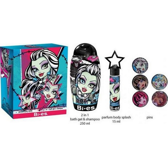 Mattel Monster High Frankie Stein perfumed water 15 ml + 2in1 shampoo and bath foam 250 ml + badges, cosmetic set