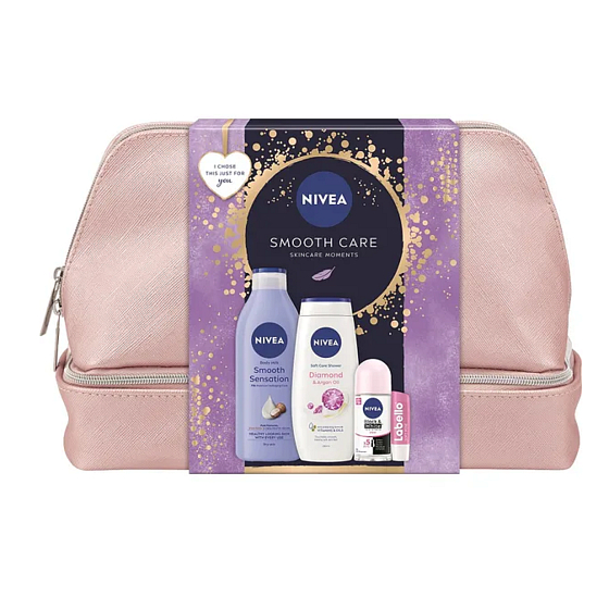 Nivea Smooth Care Smooth Sensation body lotion 400 ml + Nivea Diamond & Argan Oil shower gel 250 ml + Nivea Invisible Black & White Clear antiperspirant roll-on 50 ml + Labello Soft Rosé lip balm 4.8 g + cosmetic bag, cosmetic set for women