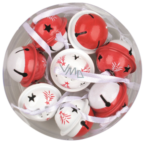 Red and white hanging jingle bells with a tree, 3 cm, 8 pieces
