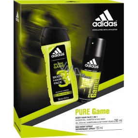 Adidas Pure Game Deodorant Spray for Men 150 ml + 3 in 1 shower gel for body, face and hair 250 ml, cosmetic set