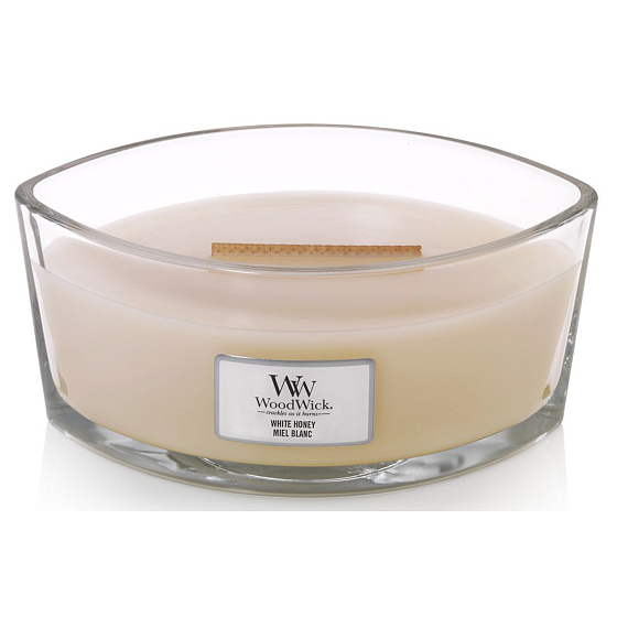 WoodWick White Honey - White honey scented candle with wooden wide wick and lid 453 g