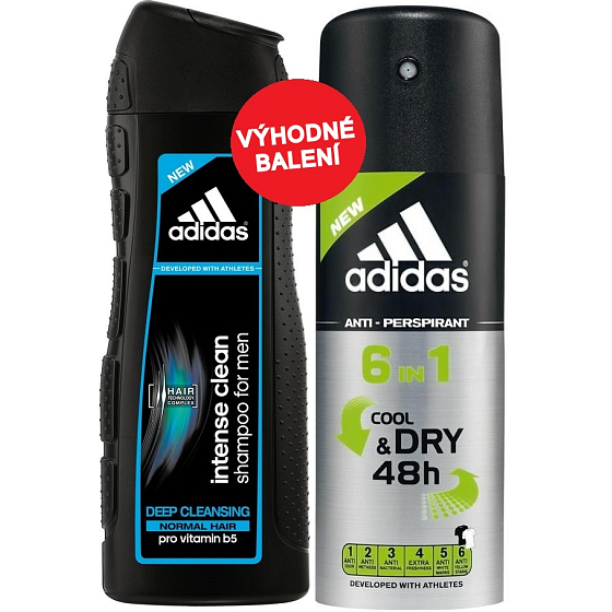 Adidas Cool & Dry 48h 6in1 antiperspirant deodorant spray for men 150 ml + Adidas Intense Clean shampoo for normal hair for men 200 ml, cosmetic set