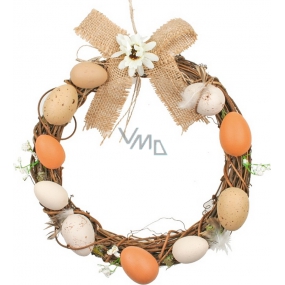 Wicker wreath with brown plastic eggs 20 cm