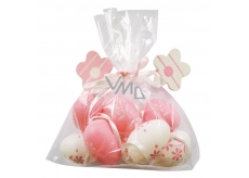 Eggs plastic pink for hanging 4 cm, 8 pieces in a bag with 2 flowers