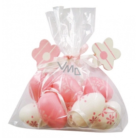 Eggs plastic pink for hanging 4 cm, 8 pieces in a bag with 2 flowers