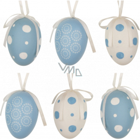 Plastic eggs for hanging blue and white with dots 6 cm 6 pieces in bag