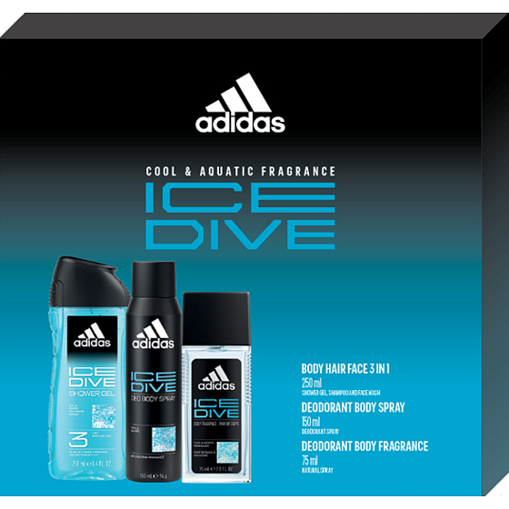 Adidas Ice Dive perfumed deodorant glass 75 ml + deodorant spray 150 ml + shower gel 250 ml, cosmetic set for men