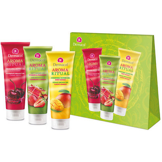 Dermacol Aroma Ritual Black Cherry Shower Gel 250 ml + Sweet Mango 250 ml + Rhubarb and Strawberries 250 ml, cosmetic set