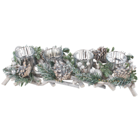Christmas wooden candle holder for 4 candles with silver accessories and pine cones 40 cm