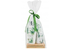 Bohemia Gifts Cannabis Hemp oil liquid soap 300 ml + body lotion 250 ml + solid soap 100 g, wooden palette cosmetic set