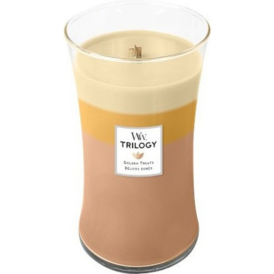 WoodWick Trilogy Golden Treats - Golden delicacies scented candle with wooden wick and lid glass large 609 g