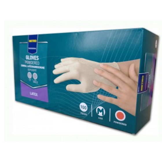 Metro Professional Disposable gloves, Latex powdered white, size M, box of 100 pieces