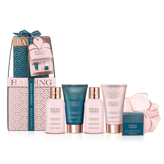 Baylis & Harding Jojoba, vanilla and almond oil washing gel 100 ml + shower cream 100 ml + body lotion 50 ml + hand cream 50 ml + bath salt 25 g + washing sponge, cosmetic set for women