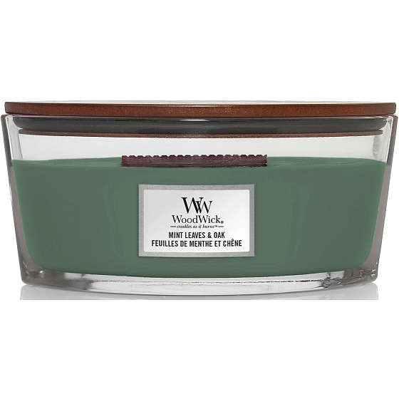 WoodWick Mint Leaves & Oak scented candle with wooden wick and lid glass boat 453 g