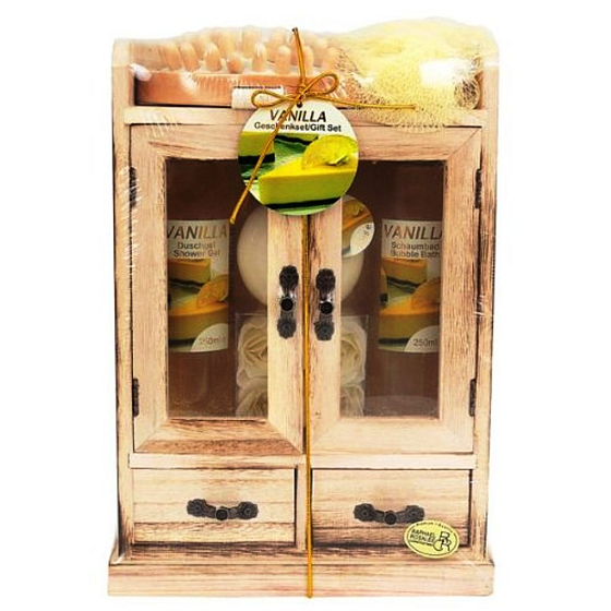 Raphael Rosalee Cosmetics Vanilla shower gel 260 ml + bath foam 260 ml + body lotion 150 ml + toilet soap 4x4 g + wooden massage brush + massage washcloth, cosmetic set