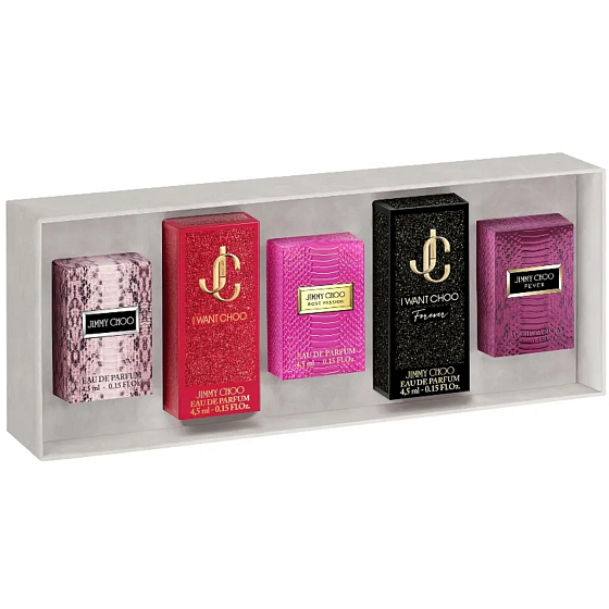 Jimmy Choo Rose Passion Eau de Parfum 4.5 ml + I Want Choo Forever Eau de Parfum 4.5 ml + Fever Eau de Parfum 4.5 ml + Jimmy Choo Eau de Parfum 4.5 ml + I Want Choo Eau de Parfum 4.5 ml, miniature gift set for women