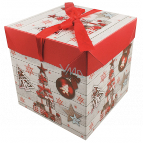 Folding gift box with Christmas ribbon with gifts and decorations 16.5 x 16.5 x 16.5 cm