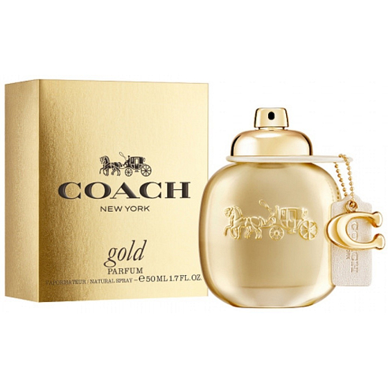 Flakon parfému Coach Gold Parfum pro ženy, 50 ml, elegantní zlatý design.