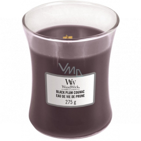 WoodWick Black Plum Cognac - Black plum cognac scented candle with wooden wick and lid glass medium 275 g
