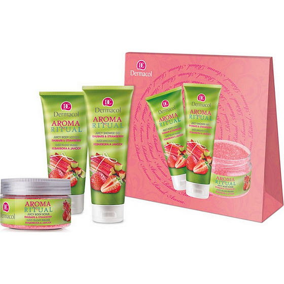 Dermacol Aroma Ritual Rhubarb and Strawberries Fresh shower gel 250 ml + body lotion 200 ml + body peeling 200 g, cosmetic set