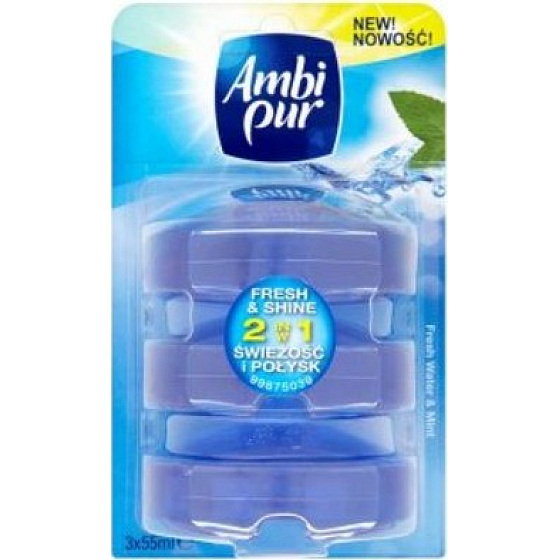 Ambi Pur Fresh & Shine 2 in 1 Fresh Water & Mint toilet block refill 3 x 55 ml