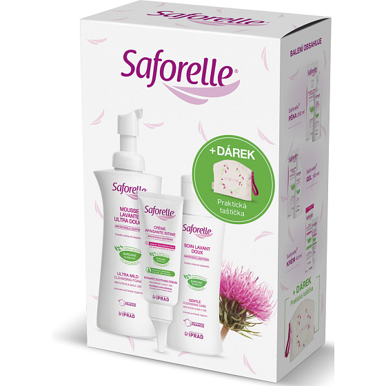 Saforelle Gentle cleansing gel for intimate and whole body hygiene 100 ml + Ultra gentle cleansing foam 250 ml + cream 40 ml + bag, cosmetic set