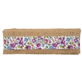 Jute ribbon with purple and blue flowers width 6 cm, 2 m