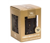 WoodWick Vanilla Bean - Vanilla pod scented candle with wooden wick petite 3 x 31 g + Glowing leaf candlestick, gift set