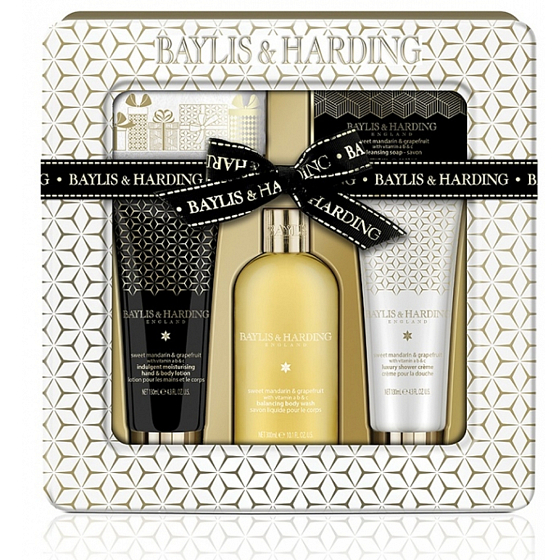 Baylis & Harding Mandarin and Grapefruit liquid body soap 300 ml + shower cream 130 ml + soap 150 g + hand and body lotion 130 ml + small white terry towel, cosmetic set