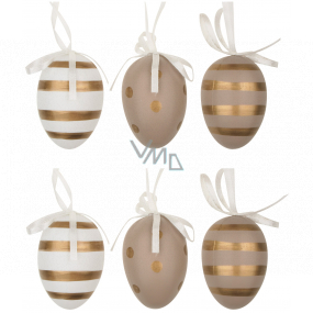 Eggs with gold stripes and plastic polka dots for hanging 6 cm, 6 pieces in a bag