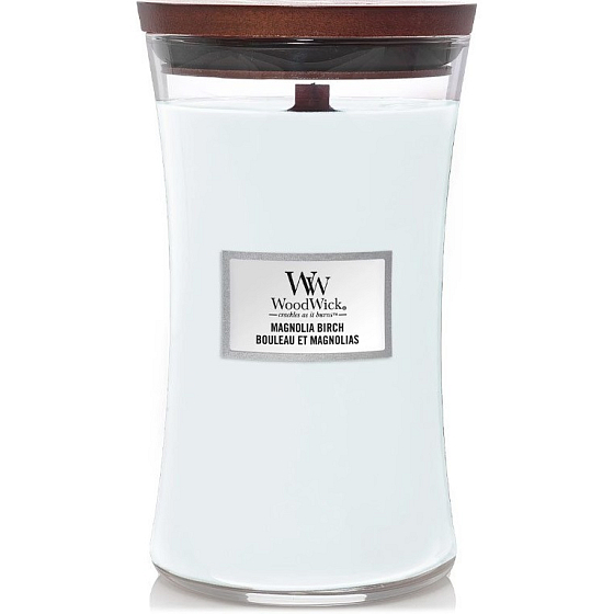 WoodWick Magnolia Birch scented candle with wooden wick and lid glass large 609 g