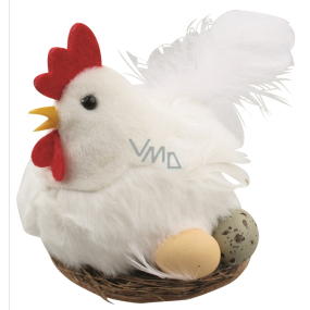 Plush white hen in the nest 10 cm