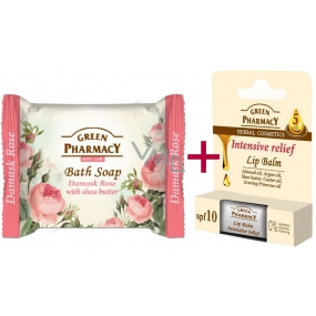 Green Pharmacy Intensive Relief 5 Oils lip balm 2 x 3,6 g + Damask Rose and Shea Butter toilet soap 100 g, cosmetic set