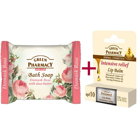 Green Pharmacy Intensive Relief 5 Oils lip balm 2 x 3,6 g + Damask Rose and Shea Butter toilet soap 100 g, cosmetic set