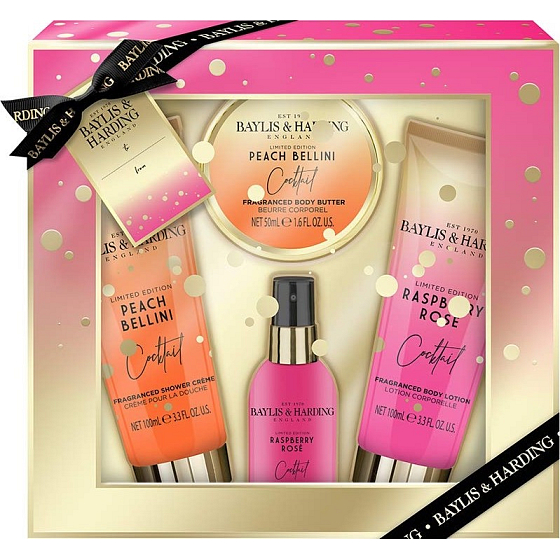 Baylis & Harding Cocktail Hour Peach Bellini Shower Cream 100 ml + Raspberry Rose Body Lotion 100 ml + Raspberry Rose Body Spray 50 ml + Peach Bellini Body Butter 50 ml, cosmetic set